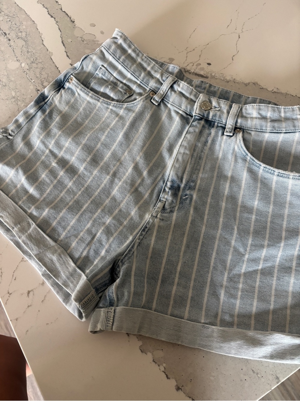 Striped Light Blue Women's Denim Shorts - Picture 3 of 10
